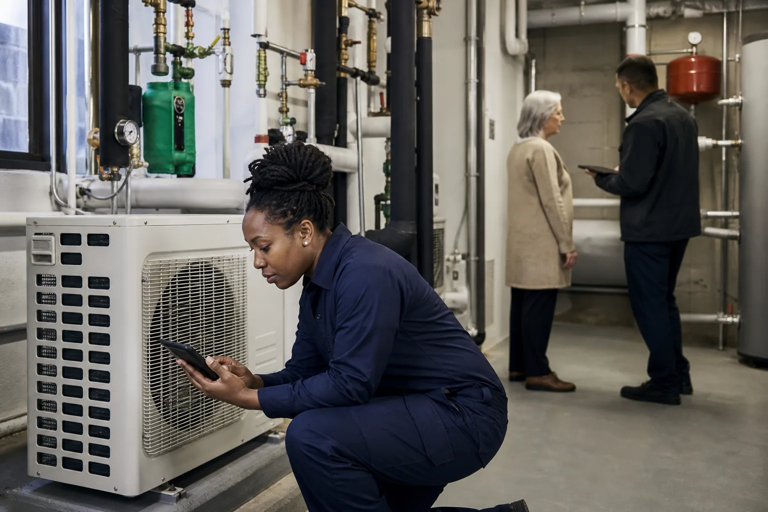Technician inspecting building equipment with a tablet
