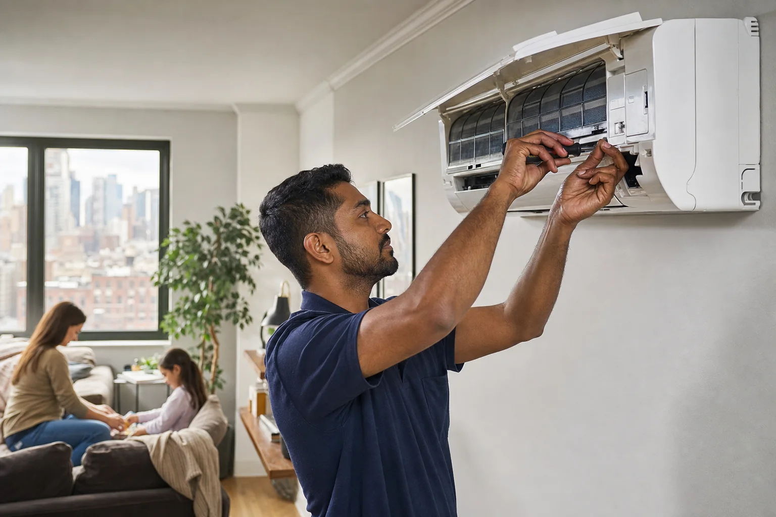 Technician servicing an indoor mini-split in an apartment