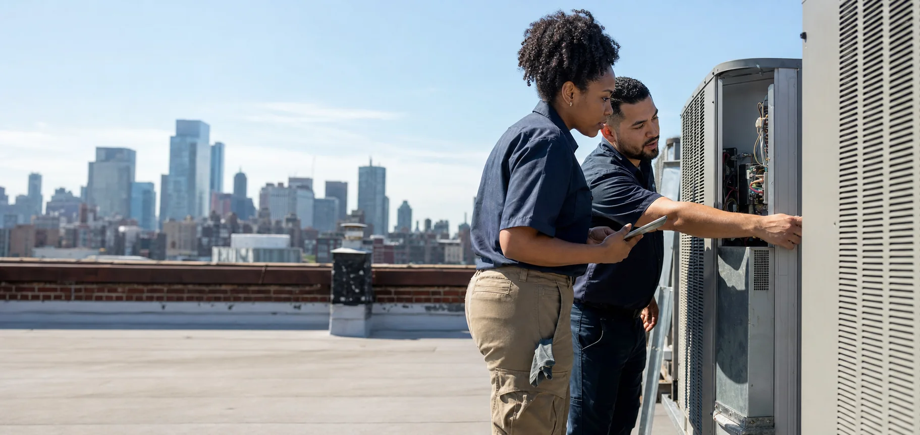 Two technicians inspecting rooftop HVAC equipment