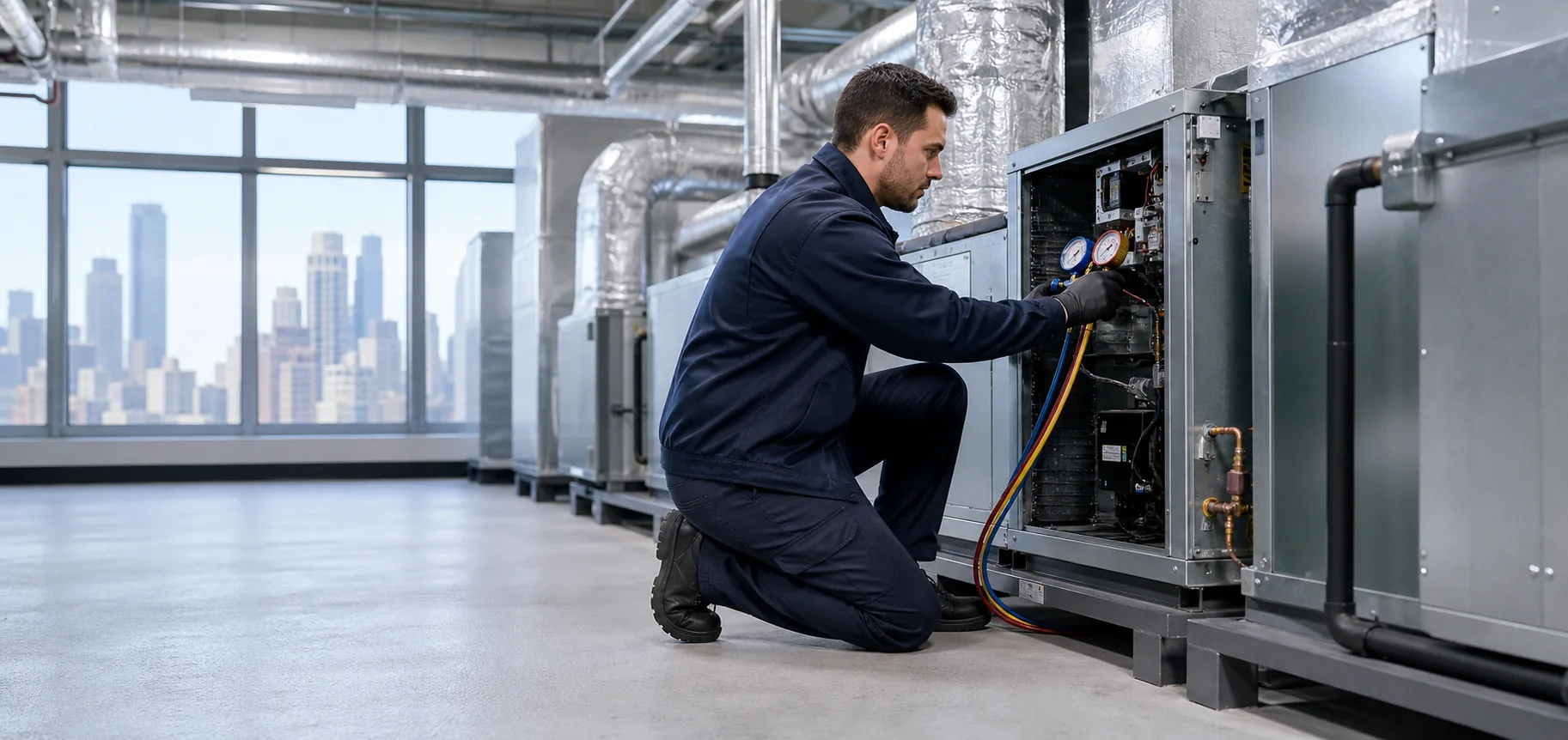 Technician checking HVAC equipment with diagnostic gauges